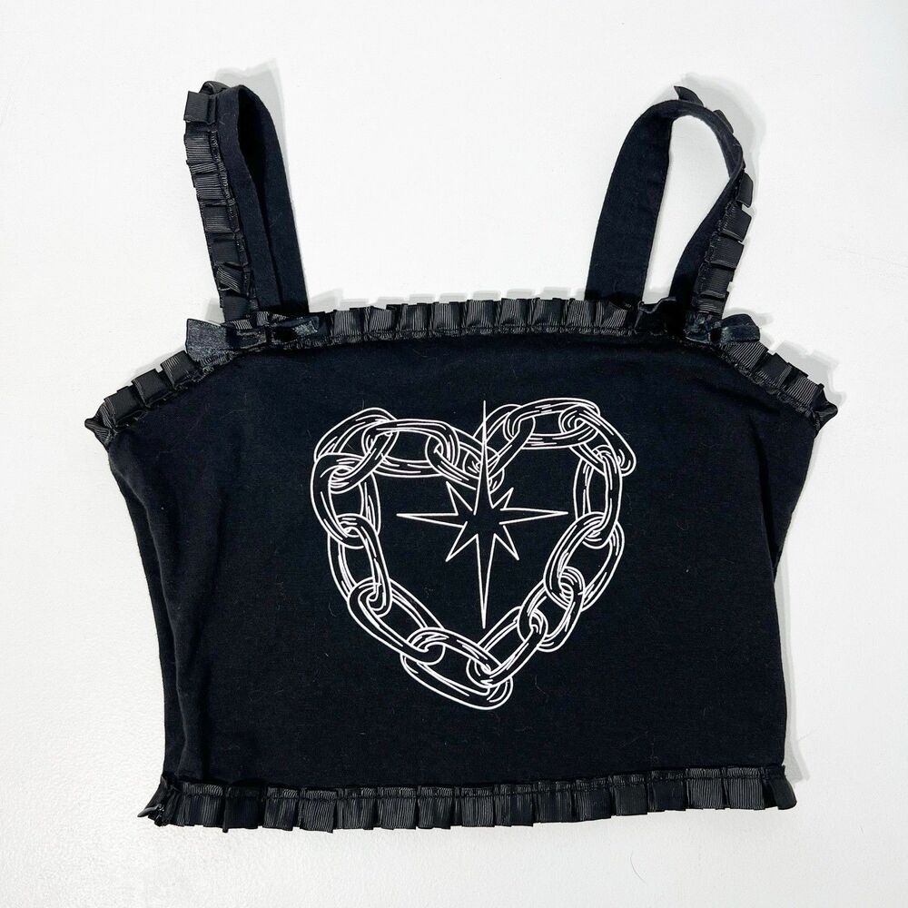 Romwe Tank Top Womens S Black Graphic Chain Y2K Lace Frill Crop Cami Bows Euro